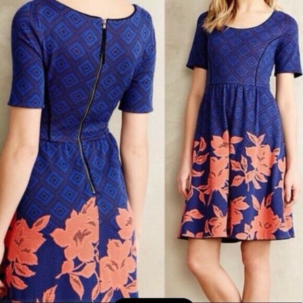 Anthropolie HD in Paris Blushed Blooms Floral Print Knit Dress Medium Blue Peach